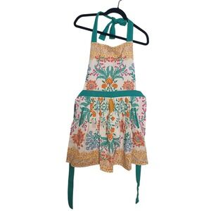 Ellen Merchant Anthropologie Floral Cotton Apron Teal Orange Botanical Pockets‎
